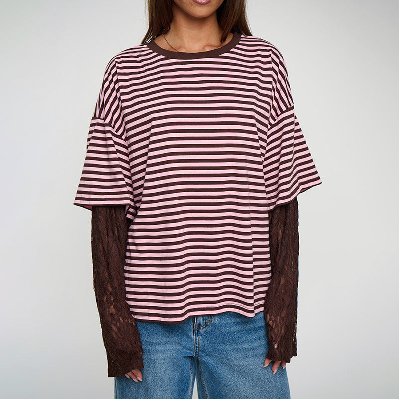 Women's Striped Lace-Sleeve Relaxed T-Shirt