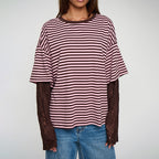 Women's Striped Lace-Sleeve Relaxed T-Shirt