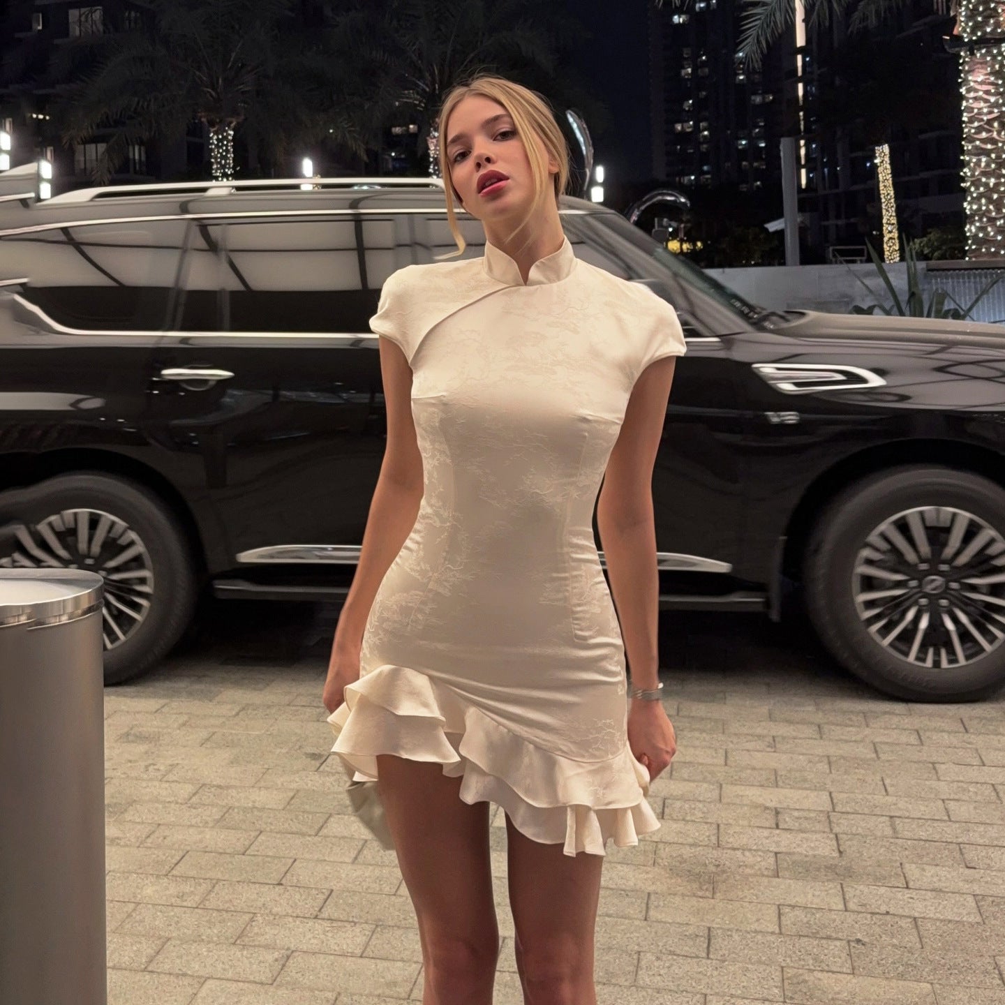 High-Collar Jacquard Ruffle A-Line Mini Dress