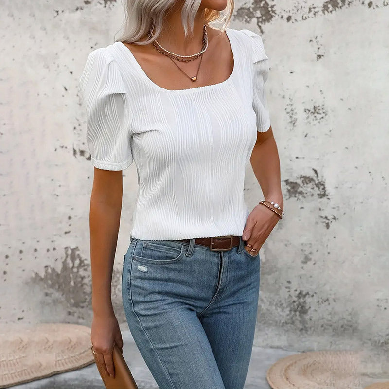 Women's Sunken Stripe French U Neck Slim Short- Leeved Tops T-Shirt