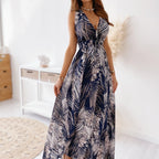 Women's Summer Deep V Plunge Sexy Seamless Print Lace Up Swing Maxi Dress