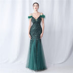 Women's Ostrich Feather Mesh Floral Sequin Wedding Evening Dress