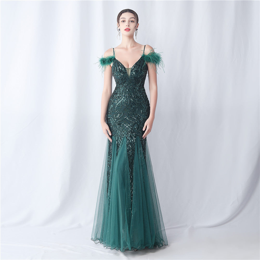 Women's Ostrich Feather Mesh Floral Sequin Wedding Evening Dress