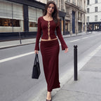 Women's Solid Color Long Sleeve Metal Buckle Cutout Top Slim Skirt