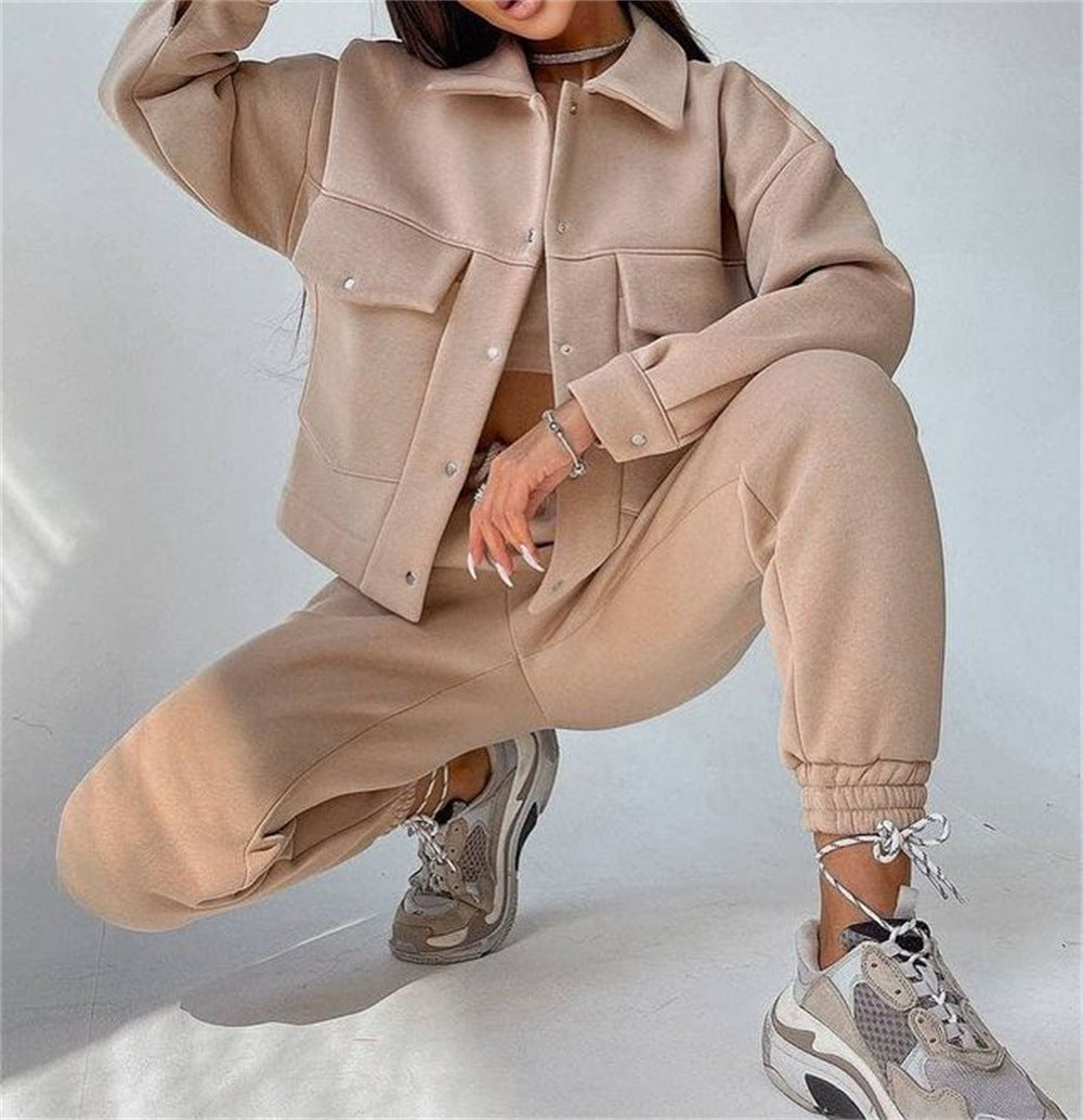 Autumn Winter Solid Color Jacket Top Casual Trousers Suit Long-Sleeve Coat Sweatshirt Two-Piece Set
