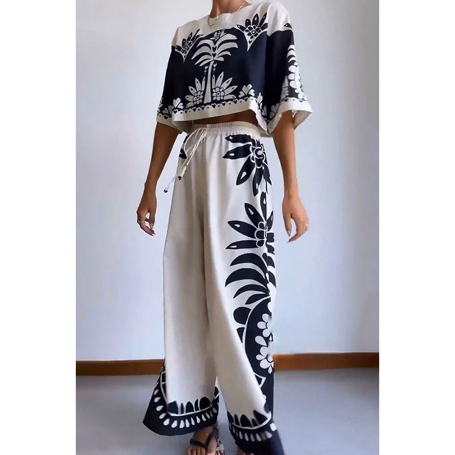 Women's Short Sleeve Suit Loose Vacation Elastic Waist Two Piece Two-Piece S