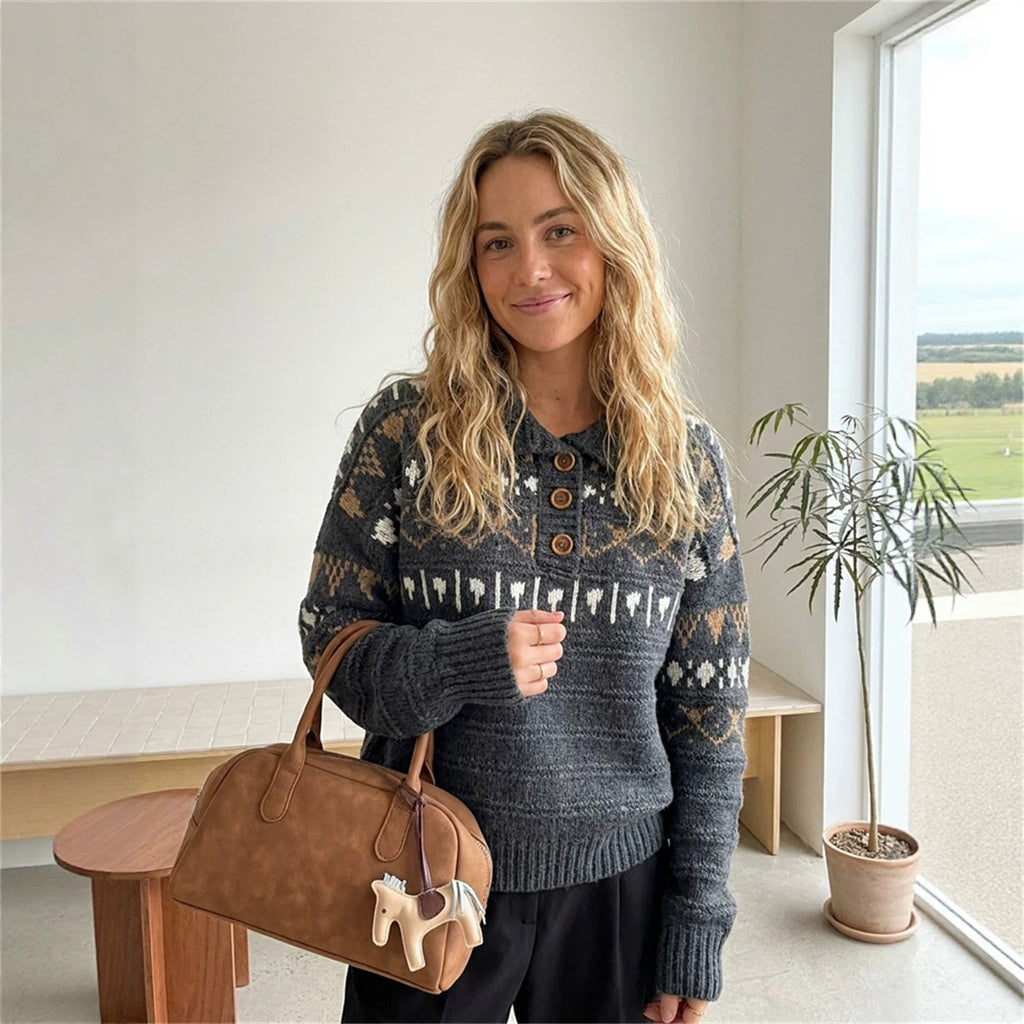 Women's Geometric Jacquard Collared Sweater