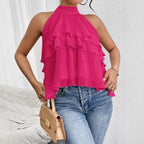 Fashionable Temperamental All Match Solid Color Halter Sleeveless Irregular Asymmetric Ruffle Top