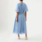 Women's Puff-Sleeve Ruffle Mesh Maxi Dress