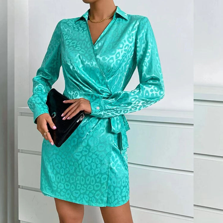 Dress Popular Elegant Leopard Print Collar Long-Sleeve Mid Waist
