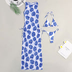 Leaf-print maxi one-piece swimsuit with halter neckline; matching tie-side bikini bottom