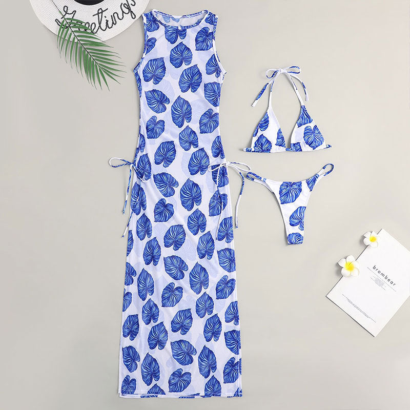 Leaf-print maxi one-piece swimsuit with halter neckline; matching tie-side bikini bottom