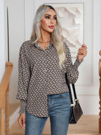 Women’s Khaki Geometric Print Lantern Sleeve Shirt