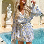 Women's Digital Printing Lace Up Cardigan Top Shorts Casual