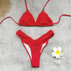 Red string bikini set with triangle top and high-cut bottoms