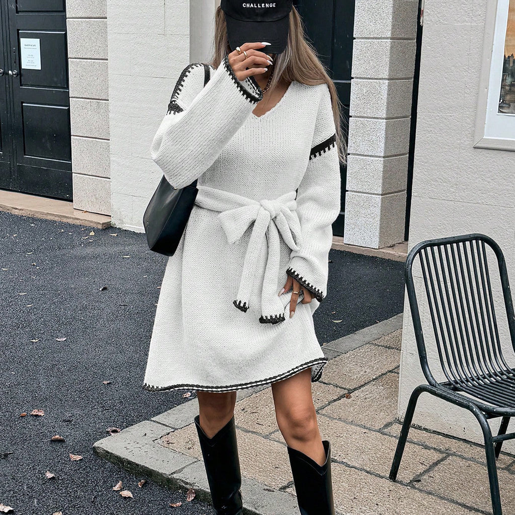 Idle Tie Waist Trimming Loose Knitted V-Neck Long Sleeve Fall Midi Dress