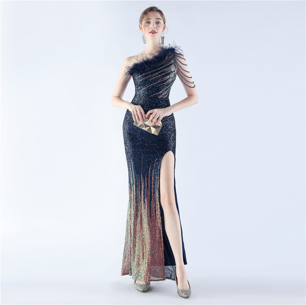 Women's Gradient Sequin Beaded Ostrich Feather Diagonal-Collar One-Shoulder Dress