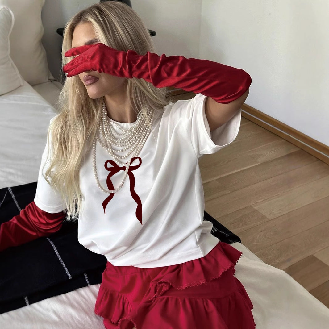 Women's Retro Simplicity Bowknot Printed T Shirt Women Summer Loose Round Neck Cotton Short Sleeve