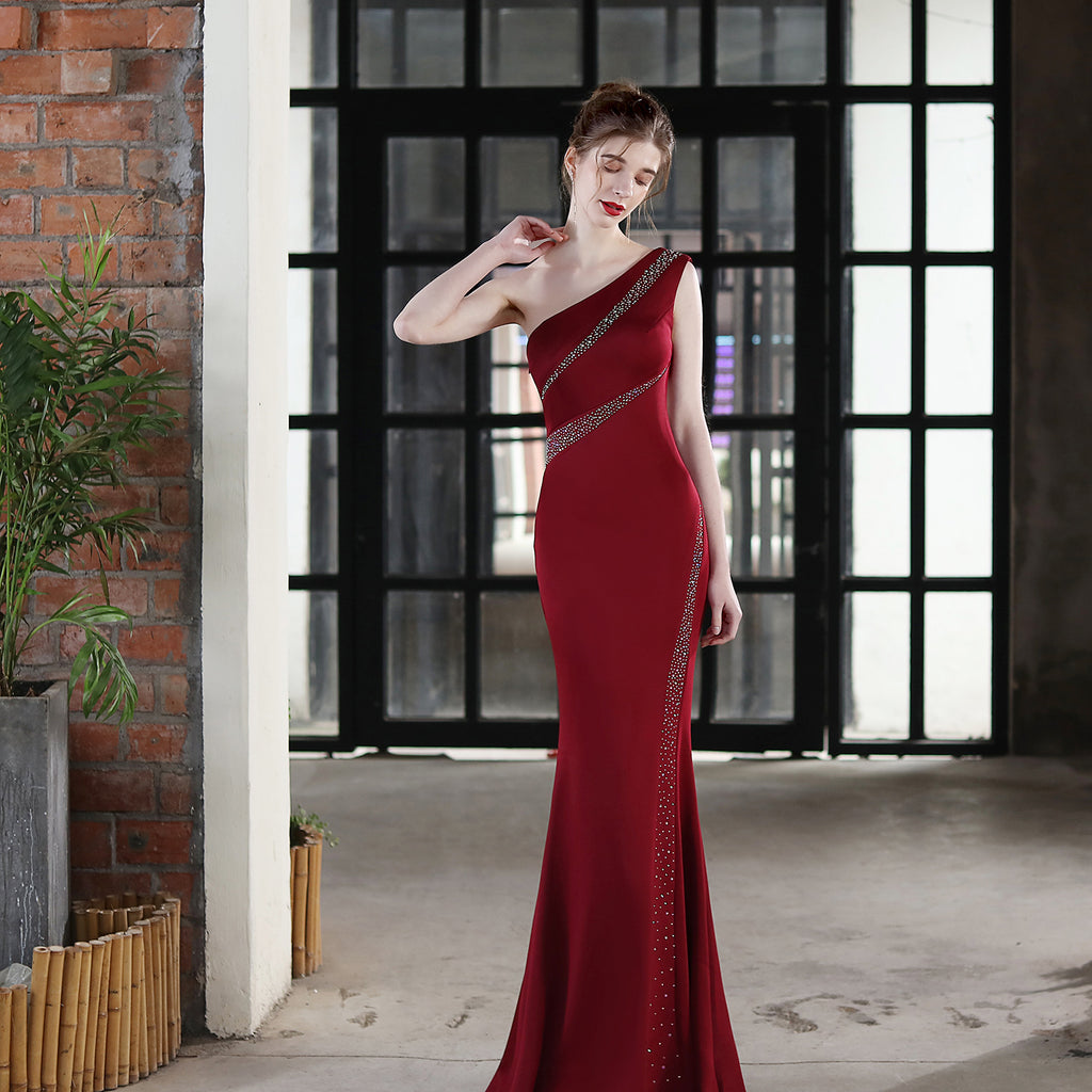 Women's Bride Long One-Shoulder Dinner Slim Fit Fishtail Wedding Gala Dress