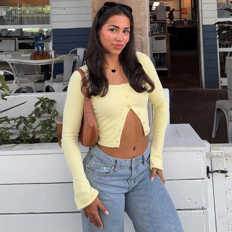 Summer Casual Wild Short Cardigan Button Long Sleeve Top