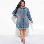 Plus Size Fringed Denim Shirt Dress