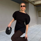 Niche Design Black Short Sleeve Wide Waist Slimming Shirt