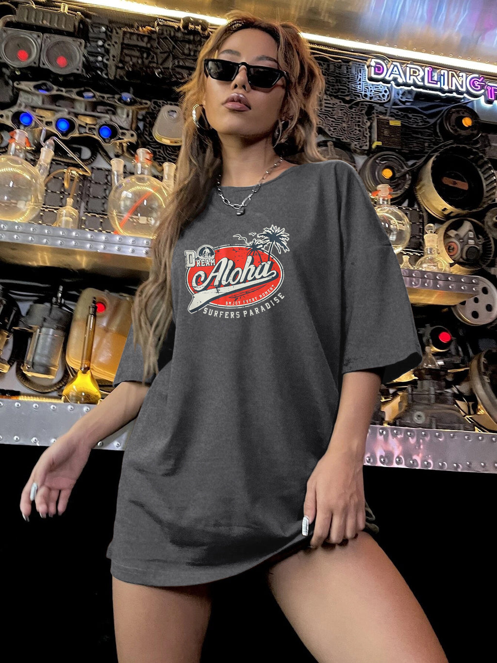 Women's Gray T-Shirt Round Neck Short Sleeve Loose Printed