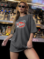 Women's Gray T-Shirt Round Neck Short Sleeve Loose Printed