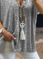 Summer Short-Sleeved Casual Solid Color Loose Pullover Sequined T-shirt Women Clothing