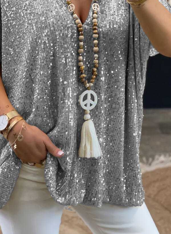 Summer Short-Sleeved Casual Solid Color Loose Pullover Sequined T-shirt Women Clothing