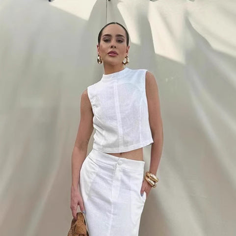 Women's White Cotton Linen Top and Skirt Two-Piece Set