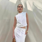 Women's White Cotton Linen Top and Skirt Two-Piece Set