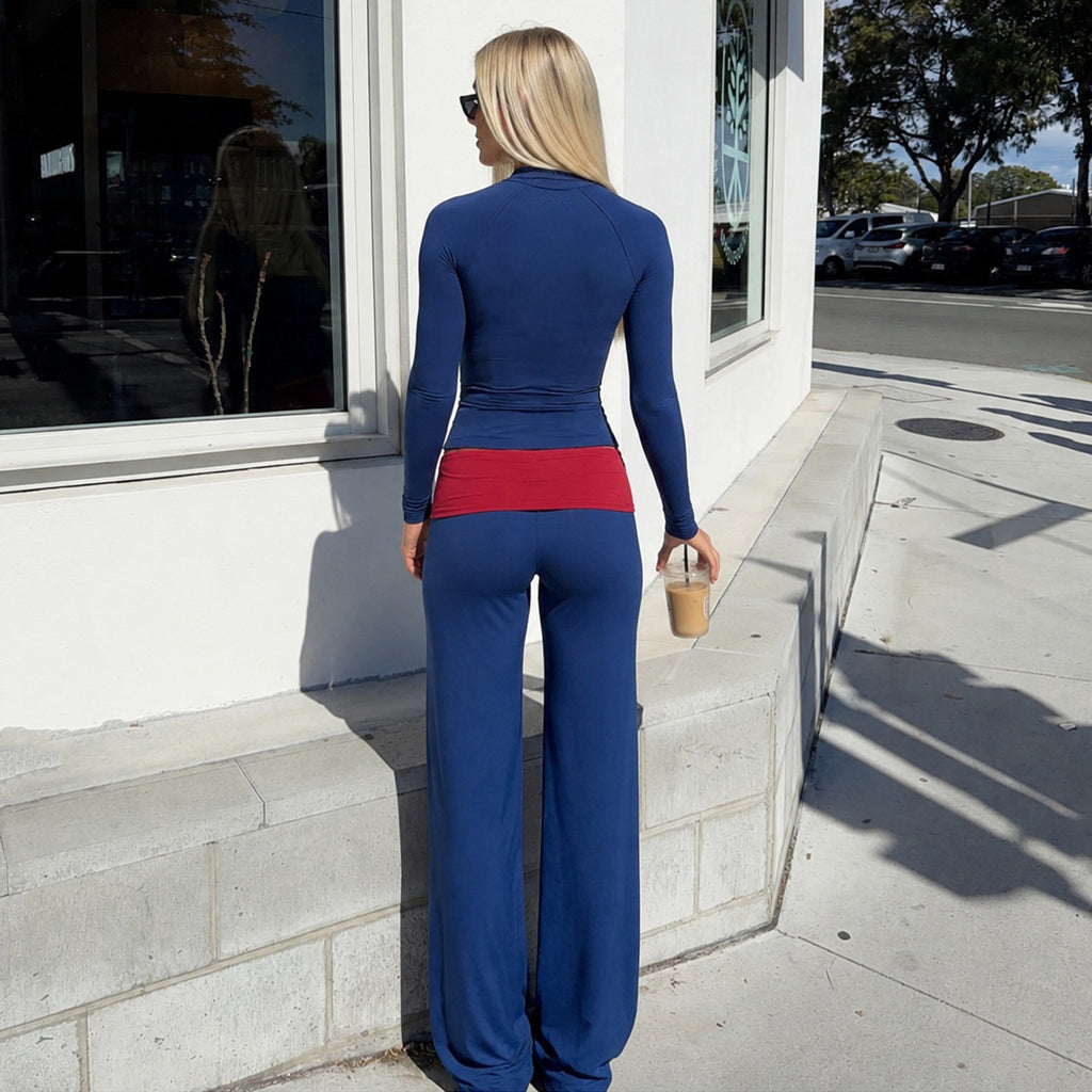 Women's Color-Block Zip Top & Wide-Leg Pants Set