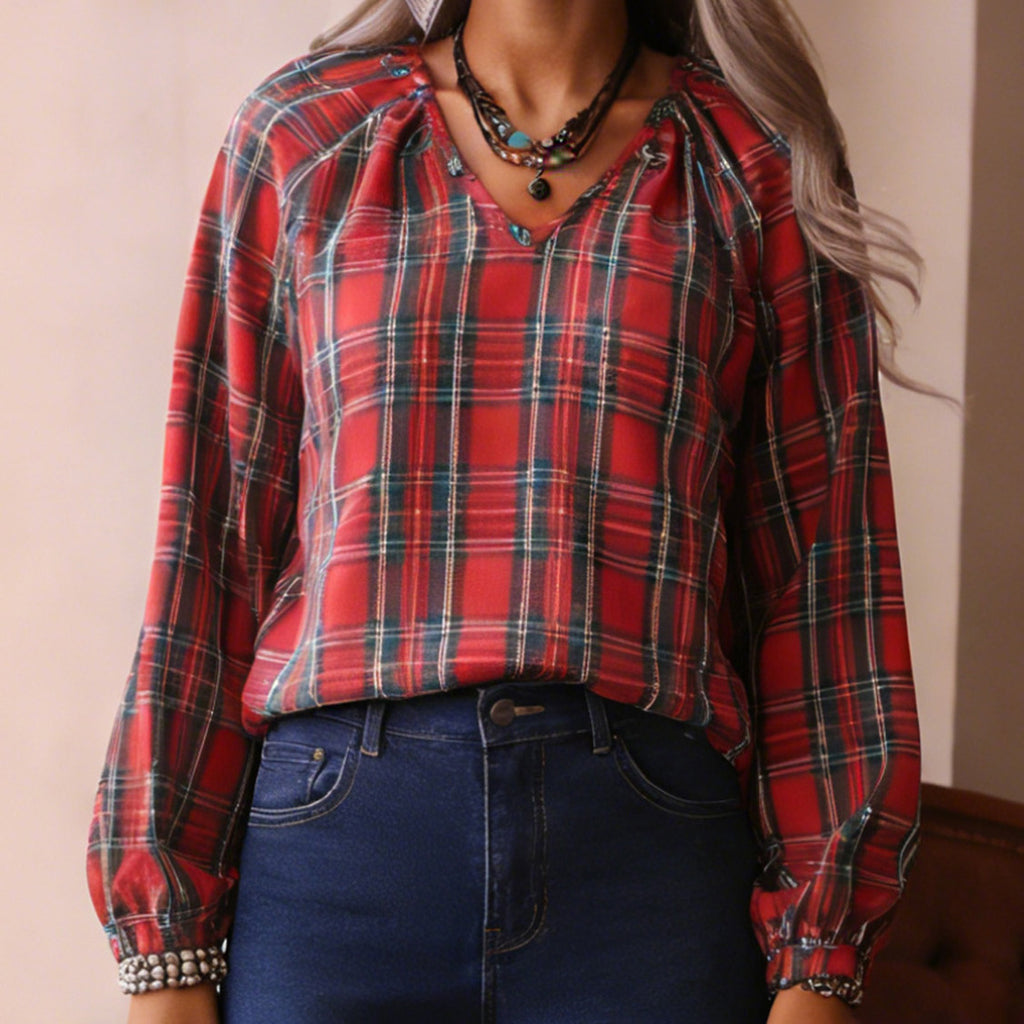 Vintage Red Grid Pattern Long Sleeved Shirt Women V neck Pinch Pleated Loose Casual Plaid Top