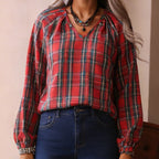 Vintage Red Grid Pattern Long Sleeved Shirt Women V neck Pinch Pleated Loose Casual Plaid Top