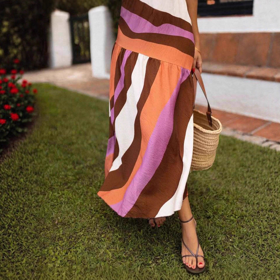 Summer Color Striped Printed Casual For Skirt