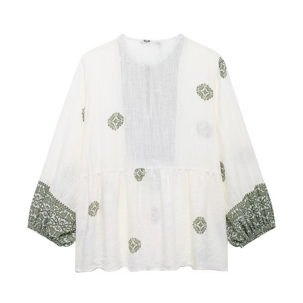 Women's Clothing Retro Printed Vacation Round Neck Long Sleeve Pullover Loose Shirt
