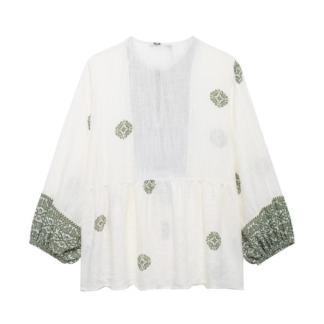 Women's Clothing Retro Printed Vacation Round Neck Long Sleeve Pullover Loose Shirt