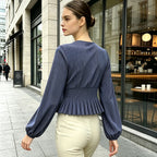 Autumn Wear French Minority Striped Shirt Women V neck Pleated Bow Puff Sleeve Date Elegant Top
