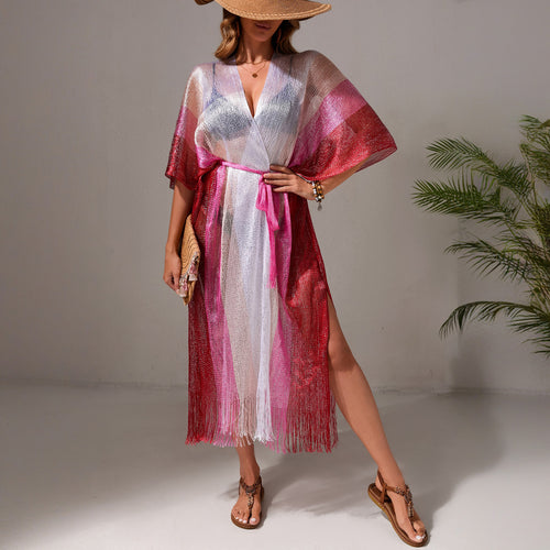 Pink and white beach dress cover-up with V-neck, tie belt, fringe hem and side slit