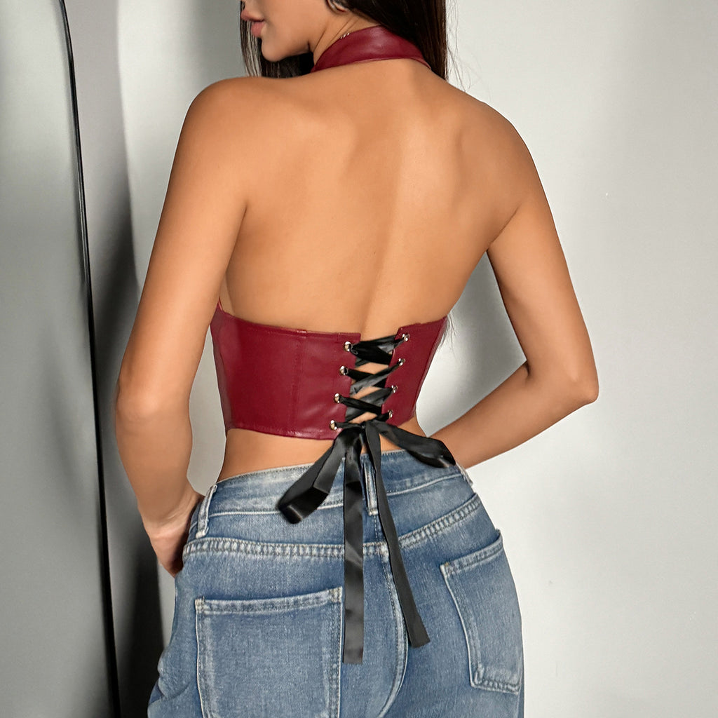 Women's Faux Leather Buckle Halter Crop Top