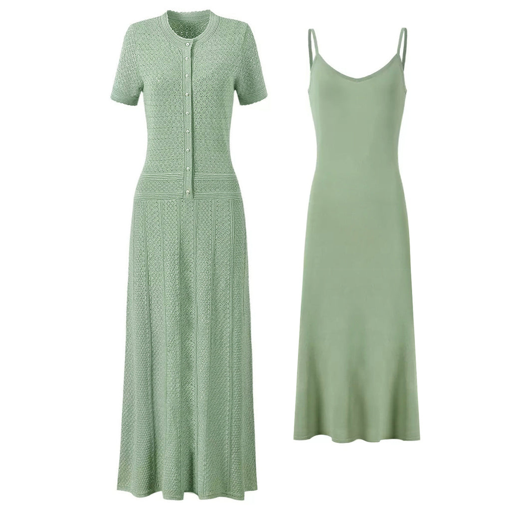 Light green maxi silk dress: button-front short-sleeve and spaghetti-strap slip