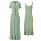 Light green maxi silk dress: button-front short-sleeve and spaghetti-strap slip