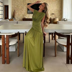 Women's Olive Green Pleated-Waist Maxi Evening Dress
