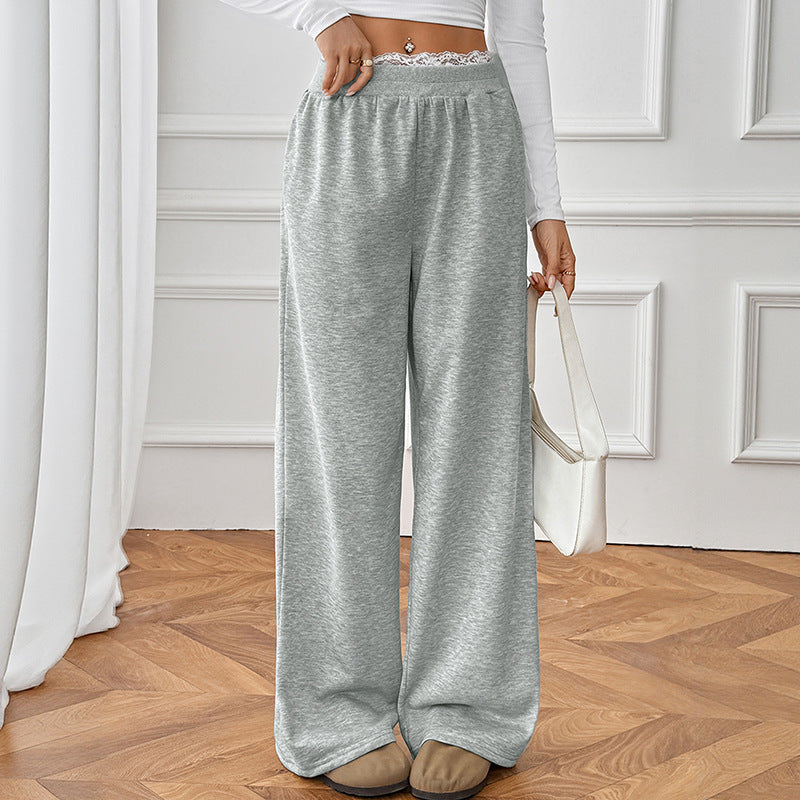 Autumn Winter Simple Loose Lace Stitching Wide Leg Sweatpants for Women