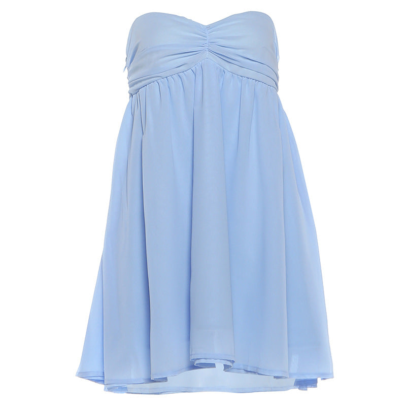 Light blue strapless summer dress (back view) with gathered top and full skirt