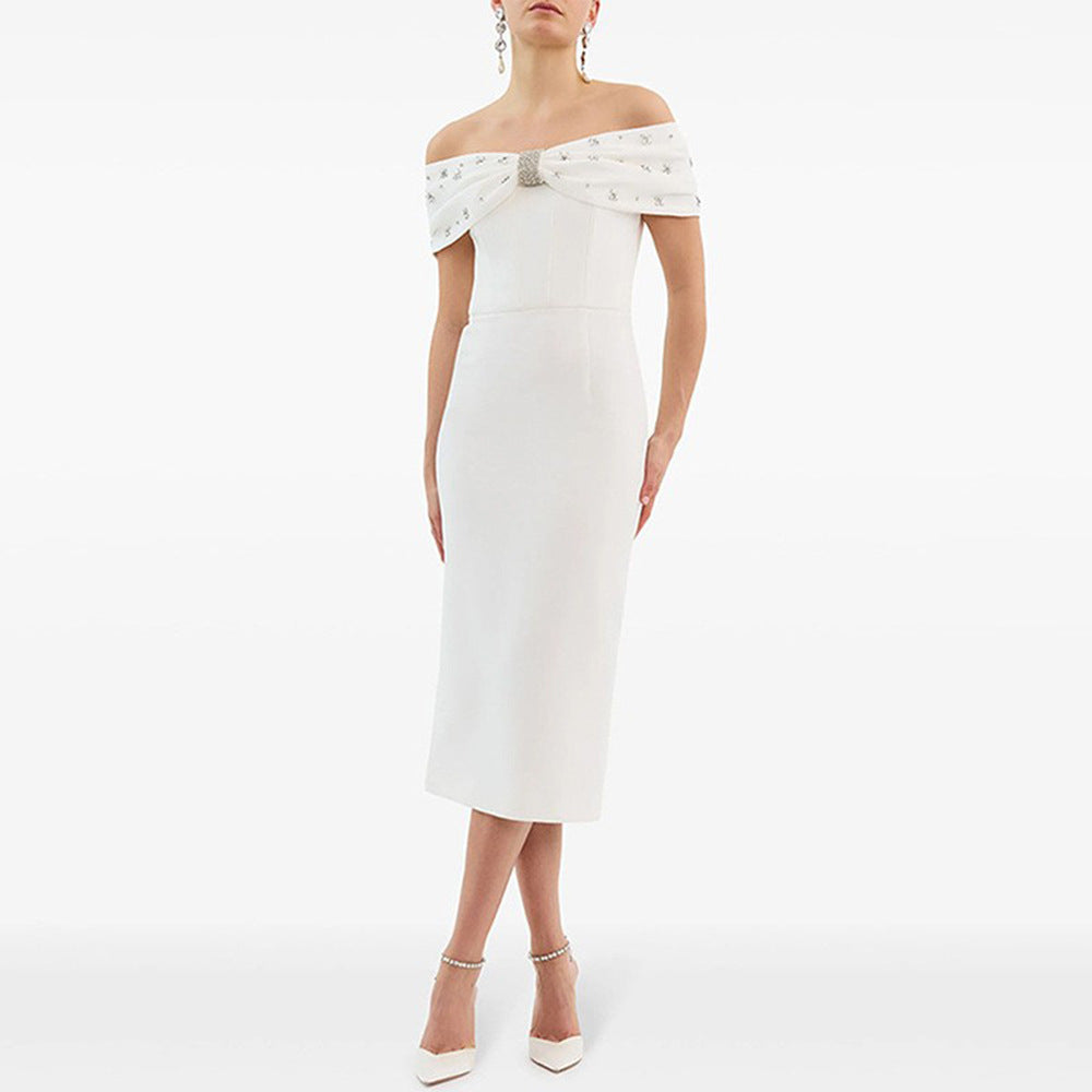 Off-Shoulder Beaded Bandage Midi Dress