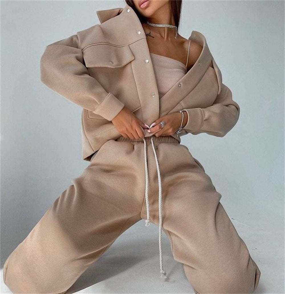 Autumn Winter Solid Color Jacket Top Casual Trousers Suit Long-Sleeve Coat Sweatshirt Two-Piece Set