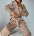 Autumn Winter Solid Color Jacket Top Casual Trousers Suit Long-Sleeve Coat Sweatshirt Two-Piece Set