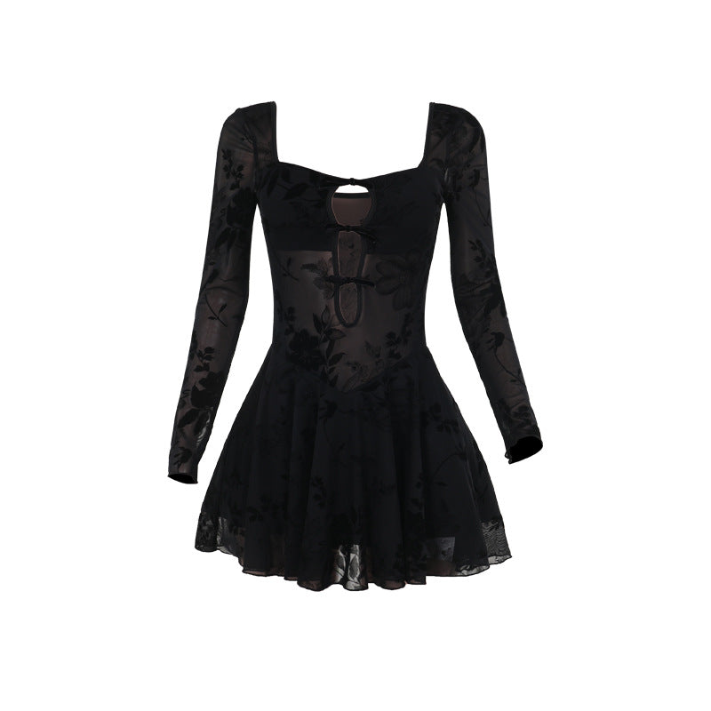 Women's Square-Neck Floral Lace Cutout Backless Mini Dress
